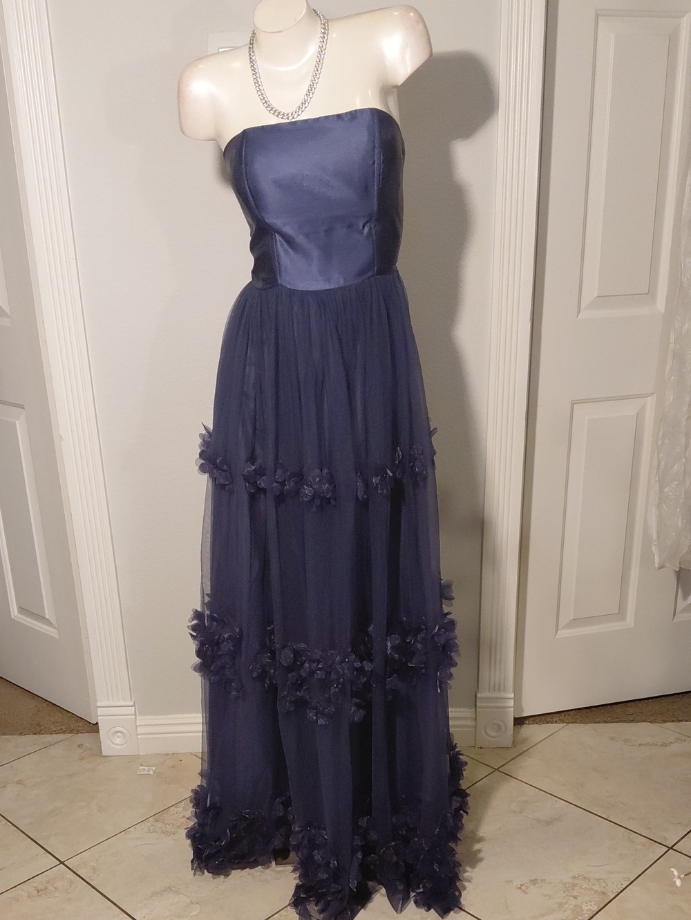 Navy Speechless Strapless Floral Tulle Evening Gown